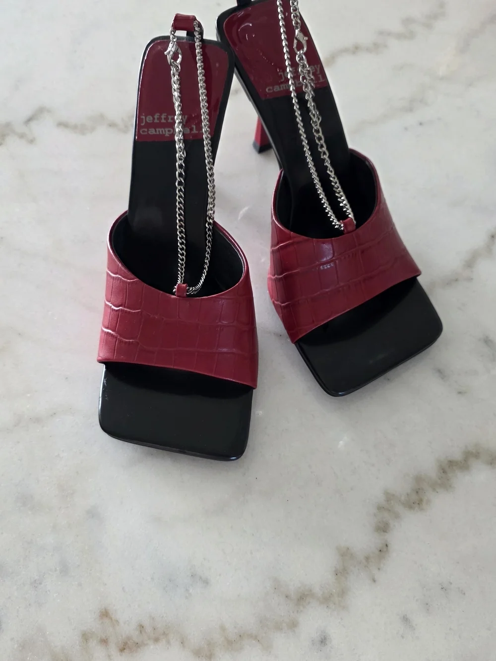 Jeffrey Campbell Burgundy Croc-Embossed Chain Slingback Heels - Picture 2 of 5